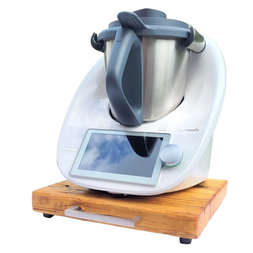 Gleitbrett / Rollbrett aus Massivholz für Thermomix, Farbe honey, mit eckigem Edelstahlgriff